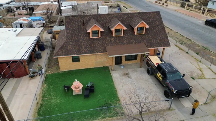 Finished shingle roof replacement, aerial view